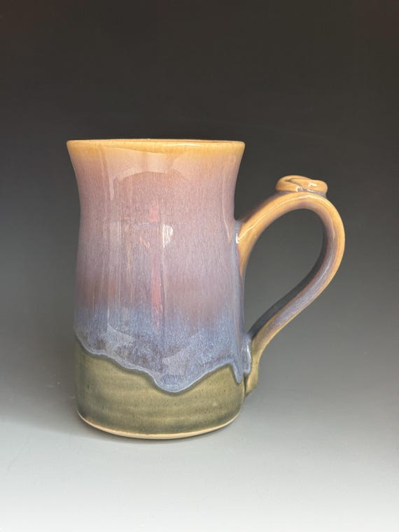 Handmade pottery Lilac and blue coffee Cup, 12 -14 ounce ceramic mug with  thumb rest.Multi colored mug. Made in the U.S.A.