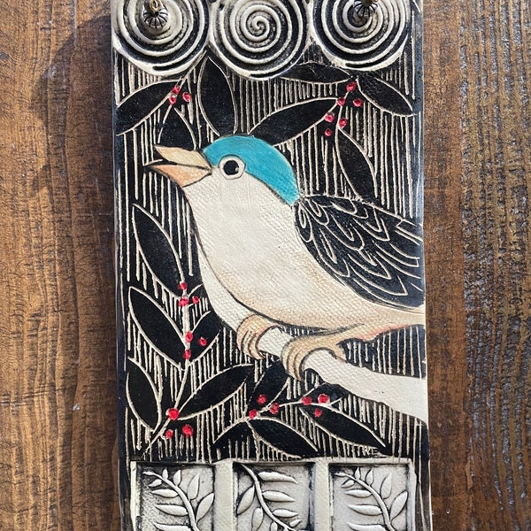 Wall Art. Handmade pottery bird hanging tile. Ceramic Wall decor. 4 x 8 inch hand painted bird tile. One of a kind wall hanging. For Mark