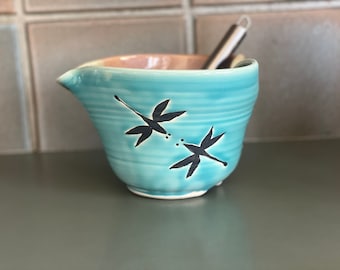 Handmade Pottery Dragonfly Mixing Bowl with whisk.Ergonomic Pottery Batter Bowl, Chef Gift. Pancake Bowl. Egg bowl. Gift for Mom.