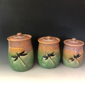 Pottery canister set,Handmade pottery set of 3 Dragonfly StorageJars. Kitchen crock set Made to Order. Choose teal on the bottom or Green. image 5