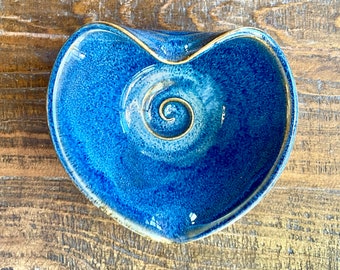 Pottery blue heart. Blue pottery small dish.