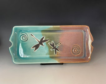Dragonfly Pottery Charcuterie Tray: Teal Opal Glaze, Stoneware Serving Dish