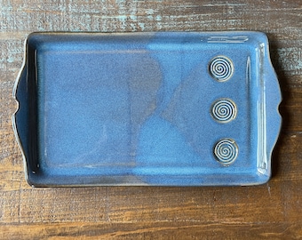 Blue Tray. Handmade Pottery Blue Plate. Blue Ceramic Serving Tray with spiral pattern, grilled meat tray 13 inch by 8 inch. Made to order.