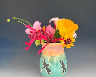 Handmade Dragonfly Pottery Vase: Blue Stoneware Bud Vase. Made In USA.