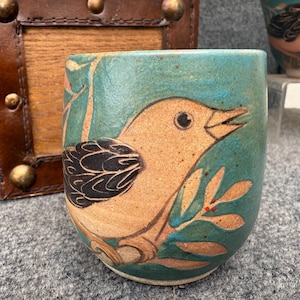 Handmade Pottery cup. Bird coffee mug.  Bird wine cup. Unique water cup.