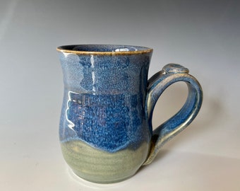 Handmade pottery green and blue coffee Cup, 12 -14 ounce ceramic mug with thumb rest. Gift for him. Blue tea cup.