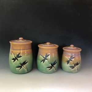 Pottery canister set,Handmade pottery set of 3 Dragonfly StorageJars. Kitchen crock set Made to Order. Choose teal on the bottom or Green. image 2