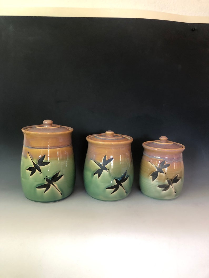Pottery canister set,Handmade pottery set of 3 Dragonfly StorageJars. Kitchen crock set Made to Order. Choose teal on the bottom or Green. image 2