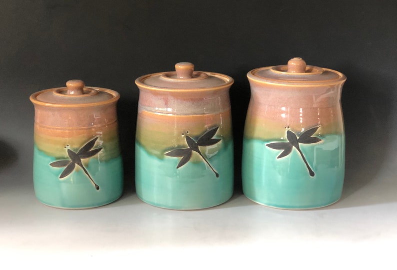 Handmade Pottery Storage Jars Set of 3 Dragonfly Canisters Etsy