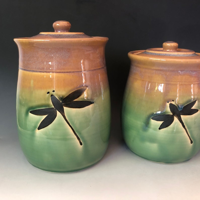 Pottery canister set,Handmade pottery set of 3 Dragonfly StorageJars. Kitchen crock set Made to Order. Choose teal on the bottom or Green. image 9
