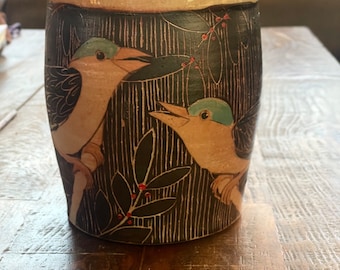 Handmade Pottery Bird vase. Soda Fired Pottery, unique vase. 7 inches tall 5 inches wide.