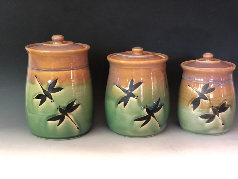 Pottery canister set,Handmade pottery set of 3 Dragonfly StorageJars. Kitchen crock set Made to Order. Choose teal on the bottom or Green. image 1