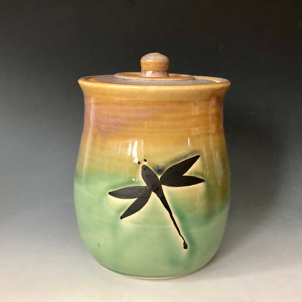 Handmade Pottery Cookie Jar. Dragonfly Kitchen Storage Container. Mint green kitchen crock. 5.5 inch coffee jar.