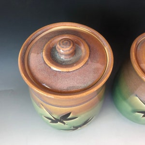 Pottery canister set,Handmade pottery set of 3 Dragonfly StorageJars. Kitchen crock set Made to Order. Choose teal on the bottom or Green. image 3