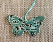 Butterfly gift ornament. Nature Inspired wall gift. Get Well Ornament, Pottery Ornament. Gifts under 30. Small wall hanging.