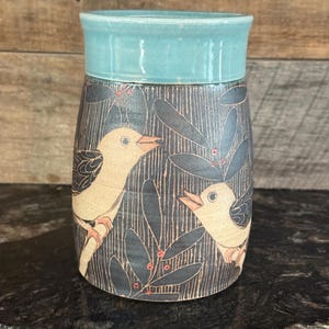 Handcrafted  Pottery Bird vase. Sgraffito Pottery, unique vase. 6 inches tall 4.5 inches wide.