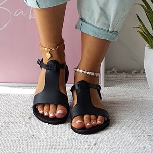 T-Strap Sandals, Leather Sandals, Slingback Sandals, Black Sandals, Strappy Sandals,gift for her