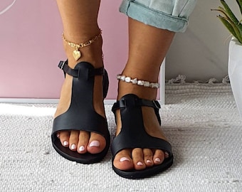 T-Strap Sandals, Leather Sandals, Slingback Sandals, Black Sandals, Strappy Sandals,gift for her