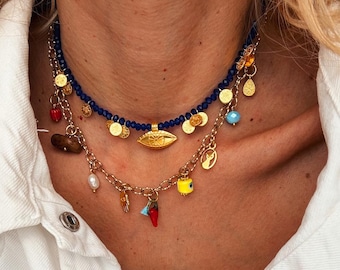 Multi charm summer necklace and blue beaded necklace, colorful summer necklace, beach jewelry,gift for her, birthday