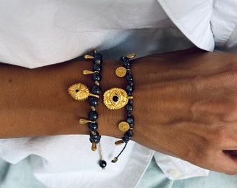 Energy stones bracelets,hematite beads bracelets, gold and black semiprecious bracelets, protection eye,cross, gift for her,birthday gift