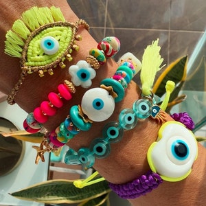Pulsera de cerámica griega con ojo, cierre de macramé, joyería de verano