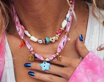 Boho roze bandana-ketting, strandsieraden met kralen, sterbedel