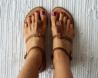 Sandali greci in pelle, sandali infradito, sandali con cinturini in pelle, regalo per lei
