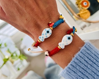 Boho Summer Fish Bracelet, Evil Eye Charm, Lucky Bangle