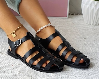 Griekse sandalen dames, zwarte leren sandalen, gladiatorsandalen, zomersandalen, cadeau voor haar