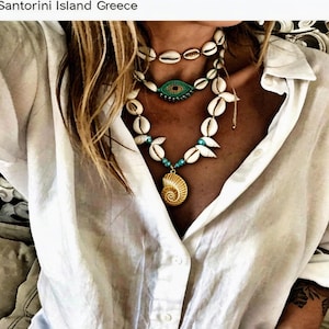 Cowrie Shell Layered Necklace Set, Green Evil Eye, Beach Jewelry | Gift idea for her | We ship Delivery Duties paid to USA