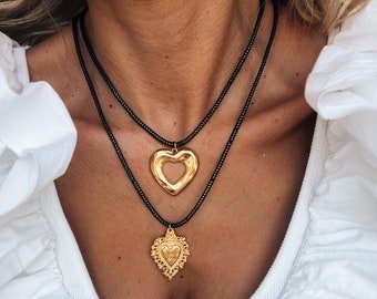 Gold Heart Charm Necklace, Black Rope Cord, Minimalist Layering