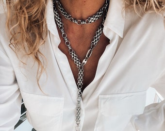 Silver chunky chain choker and lariat necklace, silverplated in sterling silver 925, anniversary gift, fashion necklaces,gift for her