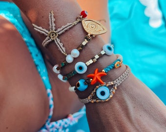 Summer bracelets combination in beige gold, pearl bracelets, cowrie shell bracelet,protection eye ,starfish bracelets, gift for her,birthday