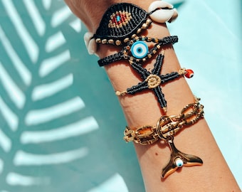 Summer Macrame Bracelet Set, Shell, Starfish, Evil Eye