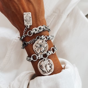 Chunky silver chain link bracelet, stainless steel bracelet,ethnic coin bracelet,ancient greek coin,byzantine chain,gift for her