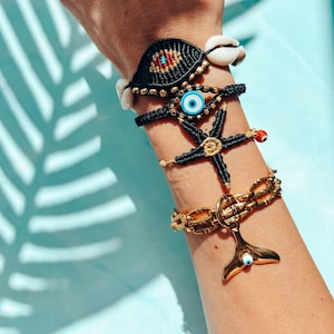 Zomerse macramé-armbandenset, schelp, zeester, boze oog