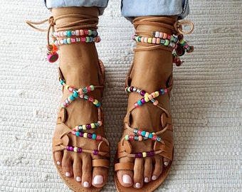 Rainbow tie up sandals, greek leather sandals, boho sandals,beach sandals,gift for her,beaded sandals , beaded laces