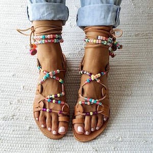 Rainbow tie up sandals, greek leather sandals, boho sandals,beach sandals,gift for her,beaded sandals , beaded laces