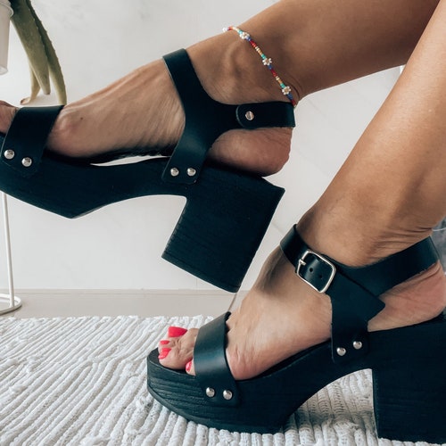 Leather Clog Sandals Women Black Clogs Heeled Sandals Etsy