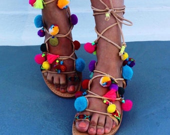 Rainbow pompom tie up gladiators, greek leather gladiators, pom pom sandals, boho sandals, boho leather sandals