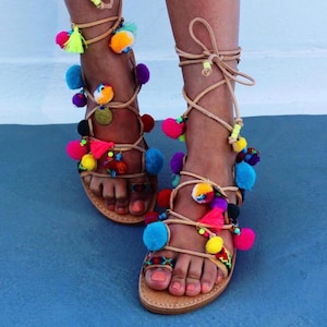 Rainbow pompom tie up gladiators, greek leather gladiators, pom pom sandals, boho sandals, boho leather sandals