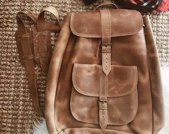 Handmade Full Grain Leather Rucksack, Tobacco Brown Backpack