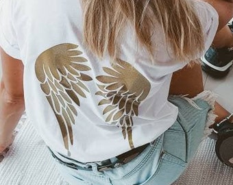 Angel wings tshirt, gold wings blouse ,cotton tshirt,bridesmaid gift,bachelorette gift