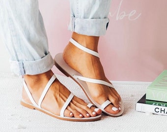 White Greek leather sandals, summer sandals, simple Gladiator sandals, gift for her