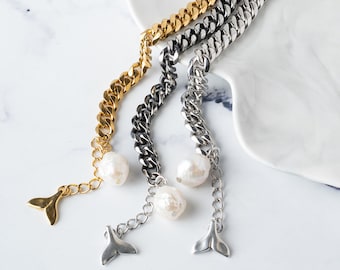 Tobillera, Cadenas para el tobillo, Tobillera de declaración, Colgante de sirena, Colgante de perla real, Regalo para ella