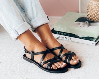 Strappy sandals, comfortable shoes, women black flats, black Greek leather Sandals, gladiator sandals, gift for her