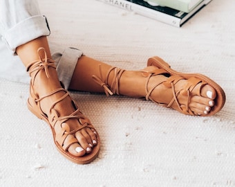 Sandali spartani classici in pelle, sandali gladiatori in pelle naturale con lacci, sandali greci in pelle con lacci