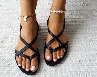 Sandalias con tiras en X, sandalias negras, sandalias de cuero negro, sandalias de cuero griego