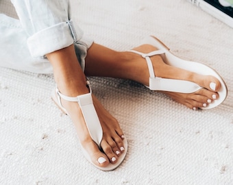 White T-strap leather sandals, Greek sandals, gift for her