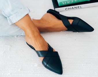 Black X mules, Women's Leather Mules, Soft Mules, Women's Mules, Slippers, Leather Slides, made from Greek Leather,gift for her